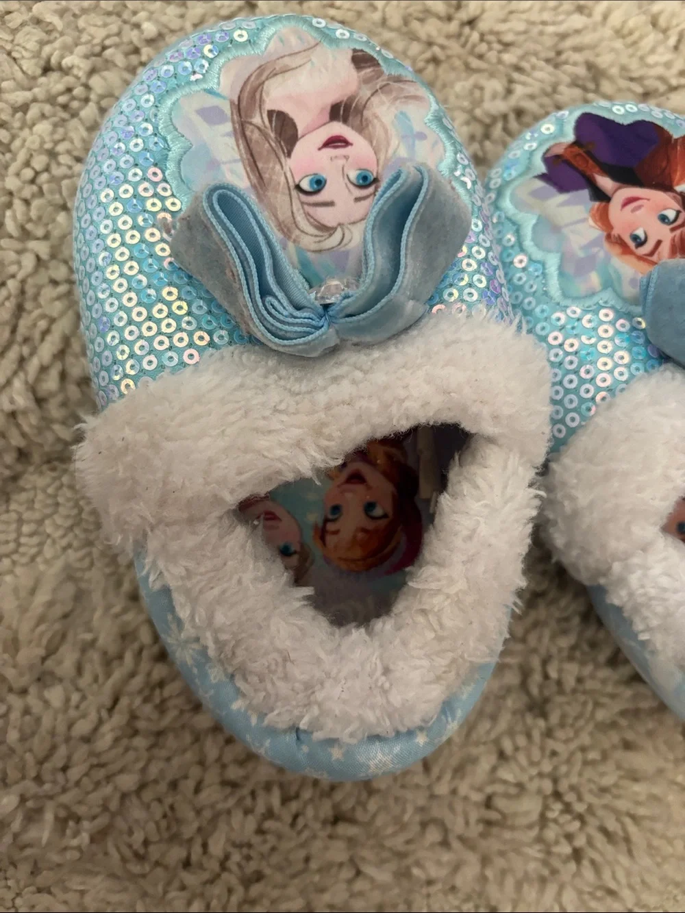 Disney Frozen Light Blue Sequin Kids Slippers with Anna & Elsa - 7/8